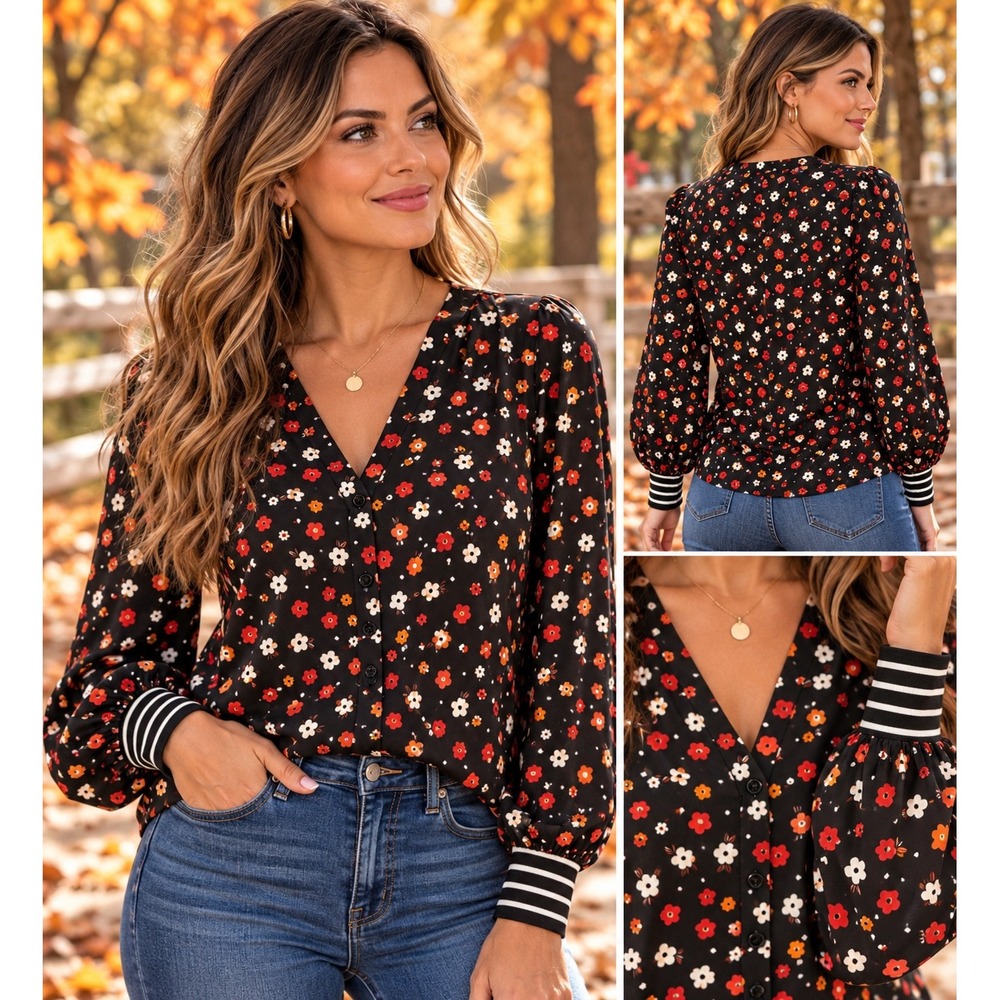 Cabi Women's XL Black Floral Button Front Blouse Striped Cuffs Style 3957